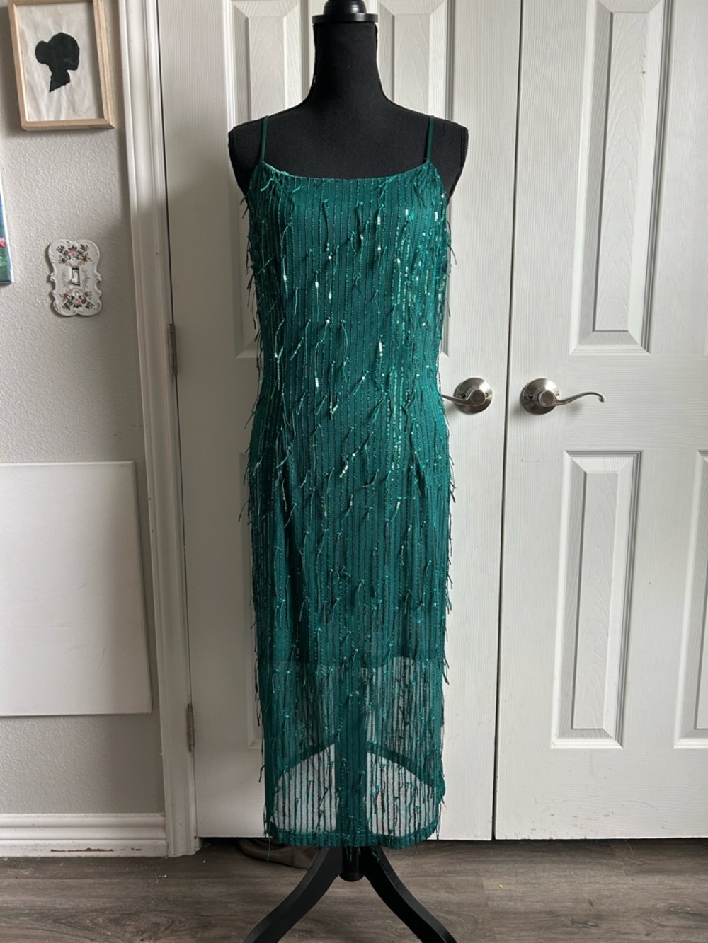 BeryLove green sequin fringe sheer lined spaghetti strap midi dress